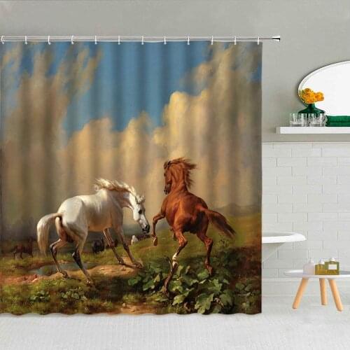 Oil Painting Animal Galloping Horse Shower Curtain Fabric High Quality Bathroom Supplies With Hooks Cloth Curtains Home Decor