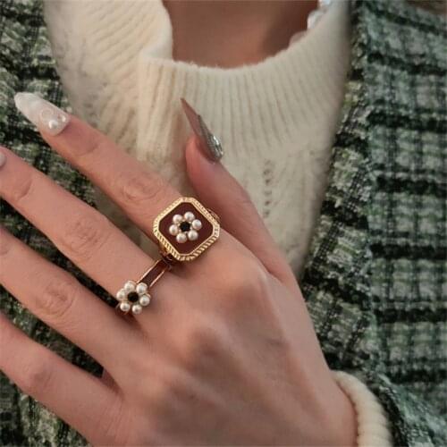 Black Zircon Pearl Flower Opening Ring Vintage Fashion And Elegant Palace Style Index Finger Ring Women Jewelry Gift Accessories