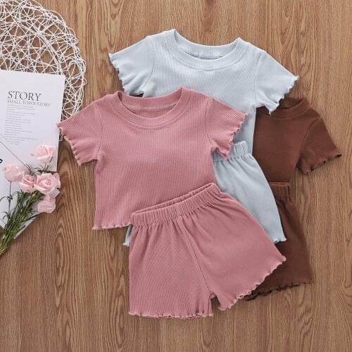2Pcs Toddlers Summer Suit Solid Color Ribbed O-Neck Short Sleeves Tops + Elastic Waist Shorts Outfits for Girls
