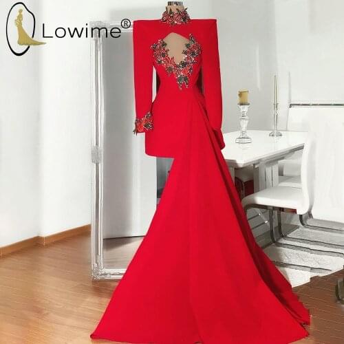Red High Neck Long Sleeve Short Prom Dresses Dubai Sequins Applique Mini Satin Party Gowns Vestido de fiesta