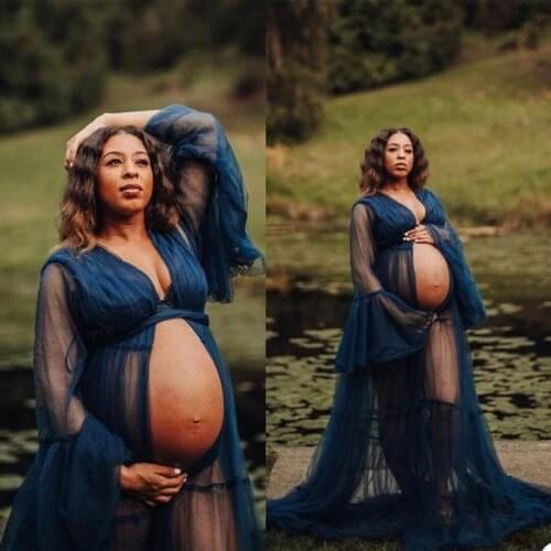 Fashion Evening Maternity Dresses Robes For Photo Shoot Custom Made Sexy V Neck Long Sleeve Lace Tulle Ruffled Maternity Gowns