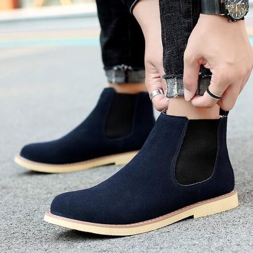 Chelsea Mens Boots 2021 Winter Fur Warm Ankle Blue Slip On Shoes High Quality Genuine Leather Man Leisure Boots Shoes Male Botas