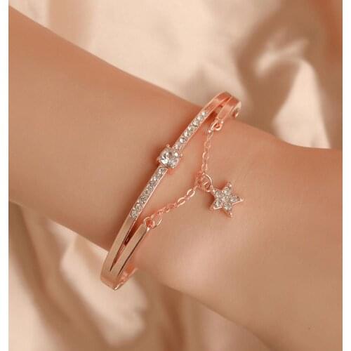 Gentle Hand Chain Creative Luxury Rose Gold Color Alloy Metal Pentagram Rhinestone Bracelets Bangles Women Jewelry Gift