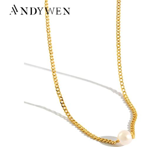 ANDYWEN 925 Sterling Silver Gold Chain Pearl Choker Necklace Long Chain Luxury Jewelry Jewels Fashion Rock Punk Necklace