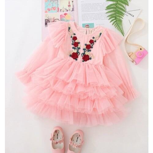 Girls Flower Spring Emboidery Dress Long Sleeves Kids Clothes Gymnastics Party Costume Performance Dress for 3-7 Ys Child