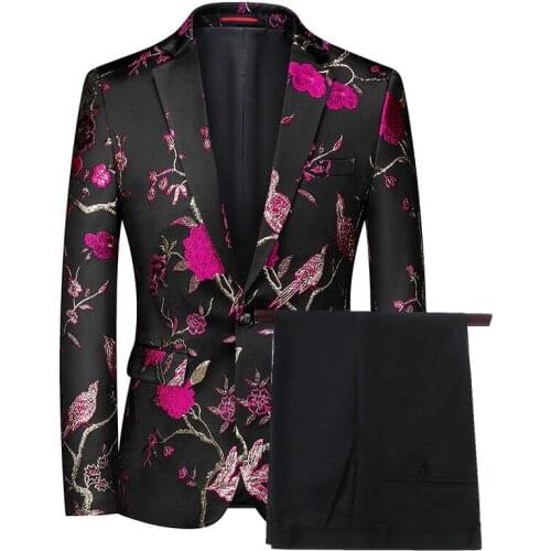 2 piece Floral Jacquard Prom Suits for Men Fashion Clothes Slim fit Groom Wedding Tuxedos Man Set Jacket with Black Pants 2021