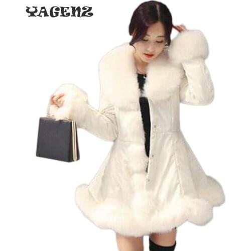 2019 Womens Winter Jacket Faux Fur Coat Thick Warm Cotton Faux Leather Jacket Autumn Winter Long Faux Fox Fur Collar Jaqueta