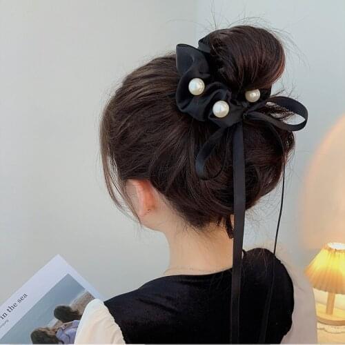 New Headdress Simple Ribbon Head Rope Bow Ribbon Imitation Pearl Large Intestine Hair Ties for Women Fashion Hair Accessories
