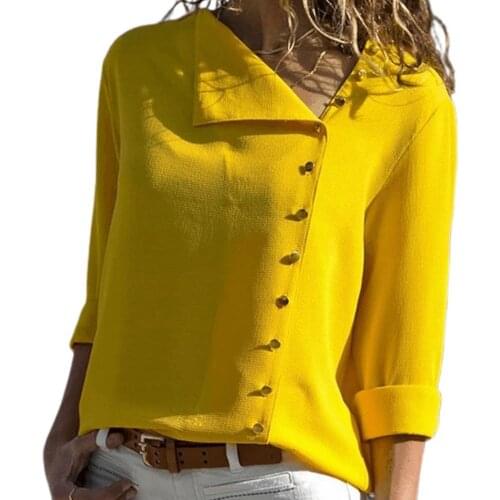 Women Chiffon Blouse Chic Irregular Skew Collar Women Shirt Single-breasted Top Long Sleeve Solid Color Chiffon Blouse Ladies