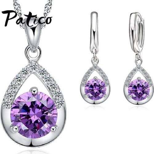 Hot 925 Sterling Silver Jewelry Sets for Women Wedding Engagement Party Round CZ Water Drop Pendant Necklace Hoop Earrings Set