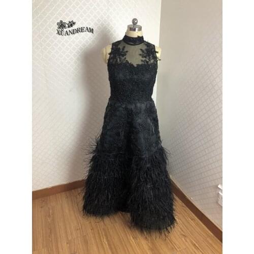 XUANDREAM heavy feathersvestidos elegantes de fiesta beading women gown black evening dresses long 2019 made in china XD-151