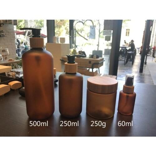 500ml Plastic PET Amber Bottle with Black Pump for Skincare Packaging Lotion Shampoo Bottle With Bamboo Cap