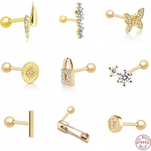 Aide 925 Sterling Silver Zircon Butterfly Lock Lightning Stud Earrings For Women Clear Crystal Safety Pin Eye Shape Ear Stud 1PC