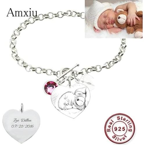 Amxiu DIY 925 Sterling Silver Bracelet Customize Photo Name Bracelets Engrave Name Date Picture Bracelets For Mother Baby Gift