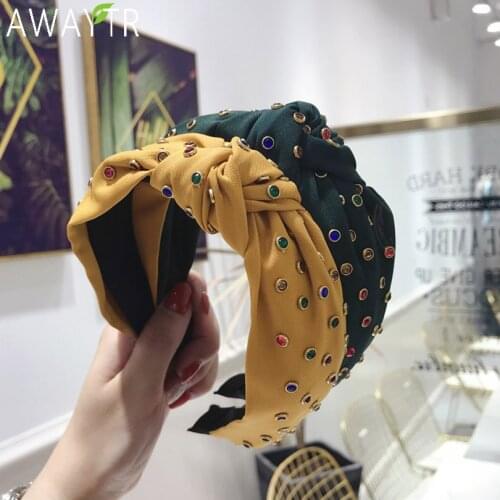 AWAYTR Bohemian Knot Wide Headband Vintage Bohemian Satin Headband With Rhinestone Hairband Hair Accessories