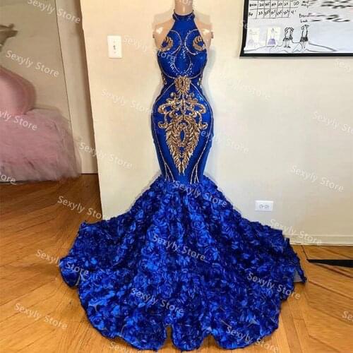 Glitter Gold Sequin Royal Blue Prom Dresses Sexy Halter Mermaid Black Girls Party Gown With Rose Florals 2021 Plus Size Evening