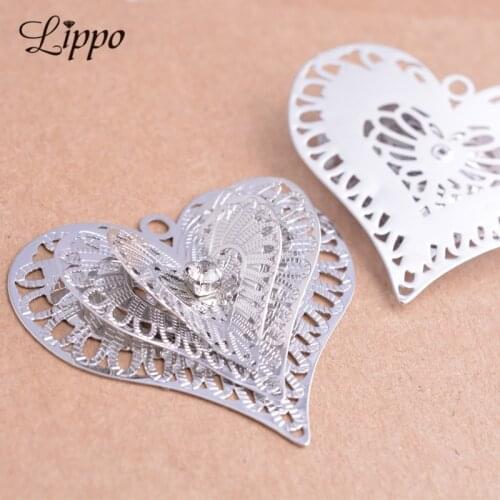 10pcs Rodium Plated Filigree 3D Heart charm Jewelry Connectors Cameo Base Setting Pendant jewelry findings