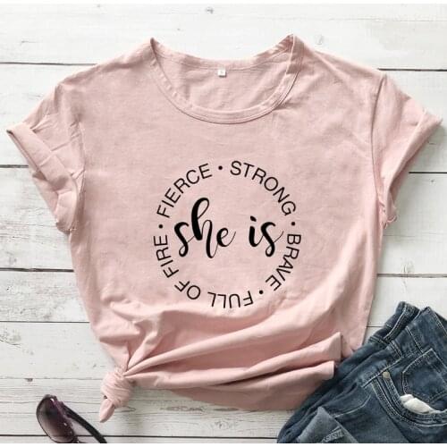 She Is Fierce Strong Brave T-shirt Casual Women Short Sleeve Inspirational Quote Top Tee Lady Religious Christian Bible Tshirt