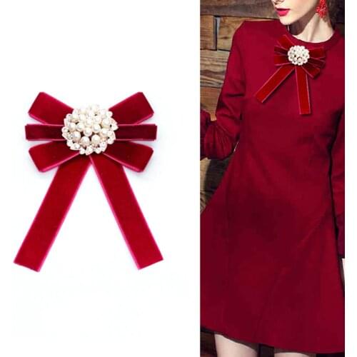 I-Remiel Creative Korean Vintage Pearl Crystal Bow Brooch Shirt Solid Fabric Corsage Neck Ties for Wedding Clothing Accessories