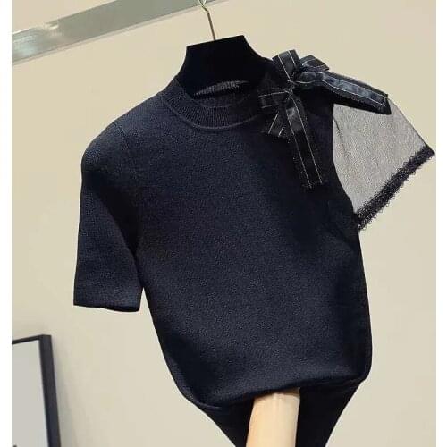 GGRIGHT 2021 Summer Tops Bow Tshirt Women Mesh Black Short Sleeve T Shirt Woman Clothes Knitted Slim Casual Tee Shirt Femme