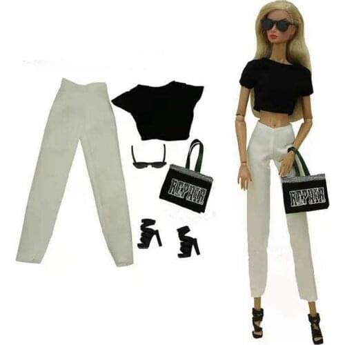 Fashion Dolls Outfits For Barbie Accessories 11.5" Doll Clothes Clothing Black Shirt Top Pants Shoes Bag Glasses 1/6 BJD DIY Toy