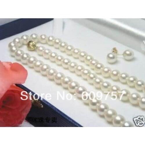 Natural jewelry 8-9MM White Akoya Cultured Pearl Necklace 18" + Earring Set GP hook Free deliver -jewelry