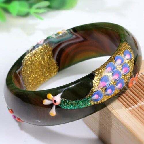 New Bangle 100% Natural Blackish Green Jadeite Painting Peacock shell Flower Bangle 65mm