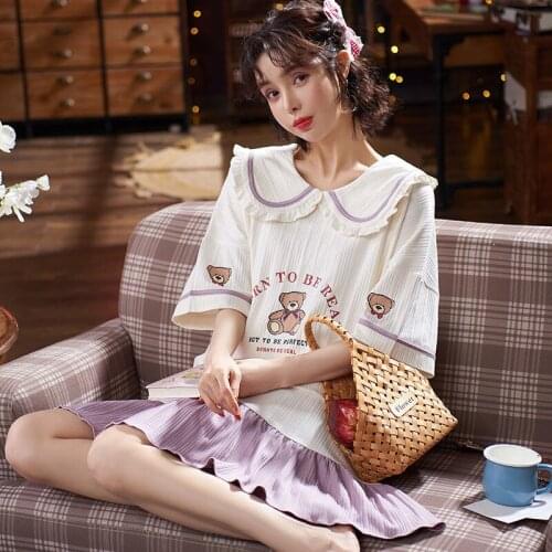 New Style Cotton Pajamas Ladies Summer Short-sleeved Nightdress Female Korean Style Cute Loose Plus Over-the-knee Home Service