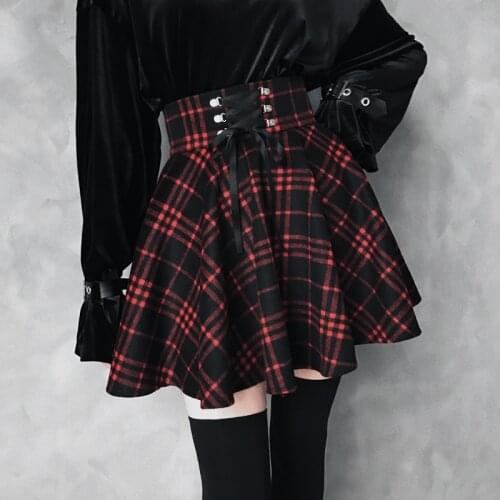 Autumn Winter Red Plaid Skirt Girl Female Woolen High Waist A-Line Lace-Up Mini High Street New Japanese Cute Casual Clothes