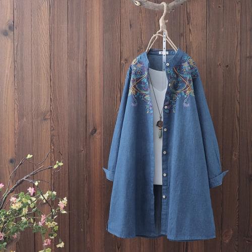 Spring Autumn New Mid-length Stand-up Collar Denim Shirt Female Retro Embroidery Loose Long Sleeve Shirt Thin Coat Cardigan R372