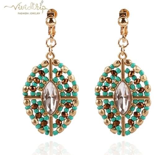 Fashion Bohemian Unique Navettes Crystal Stone Matte Gold Color Clip On Earrings Without Piercing For Women Vintage Jewelry