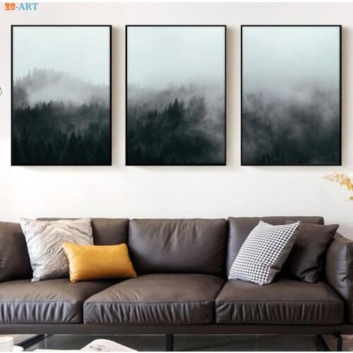 Nordic Forest Mountain Canvas Painting Black and White Wall Art Fog Art Print Modern Minimalistic Home Decor