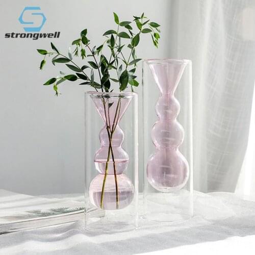 Strongwell INS Nordic Double Layer Glass Vase Test Tube Flower Vase Plants Holder Craft Home Office Wedding Decoration Gift