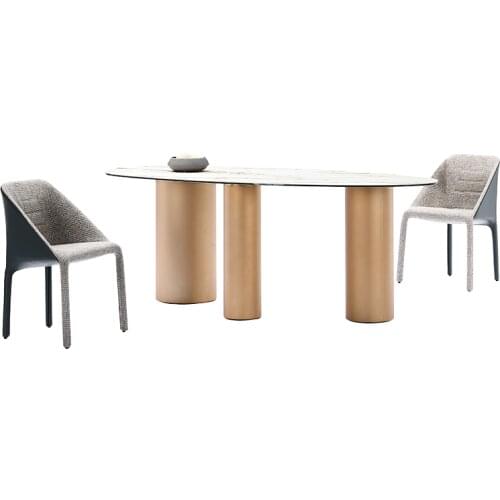 Light luxury modern rock plate long table and chair combination fashion goose egg shape tempered glass table