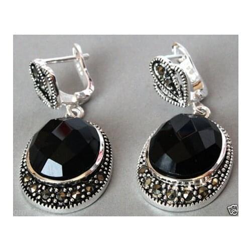 Vintage Natural Faceted Black stone Onyx Marcasite Silver Earrings