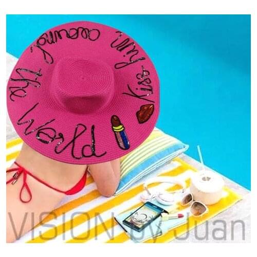 2017 spring and summer women large sun hat handmade"kiss him around the world" beach straw sequins fashion hat