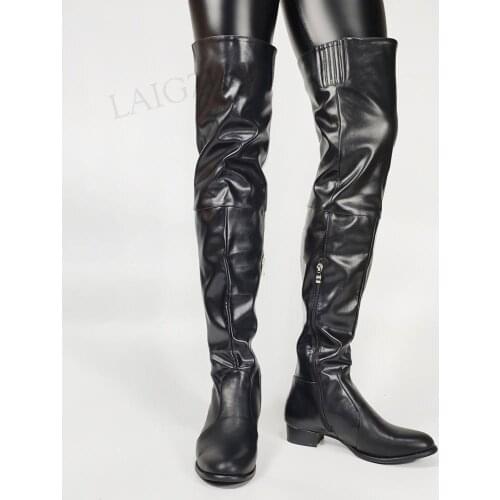 SEIIHEM Women Over Knee Boots Faux Leather Side Zip Round Toe Shoes Woman Femmes Bottes 2021 Shoes Woman Big Size 42 43 47 50 52