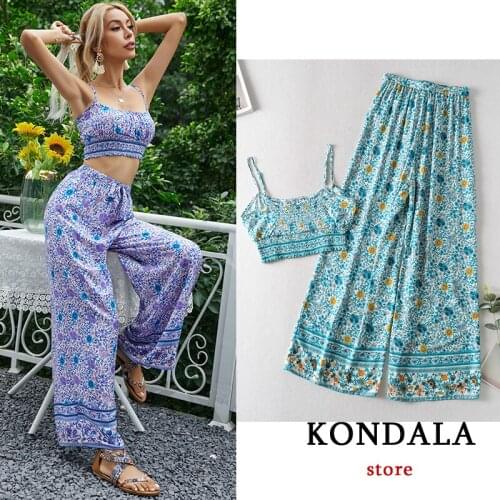 Za Fashion 2021 Kaftan Boho Women Suits Floral Print Vintage Cami Tanks Women and High Waist Loose Pants Summer Women Sets New