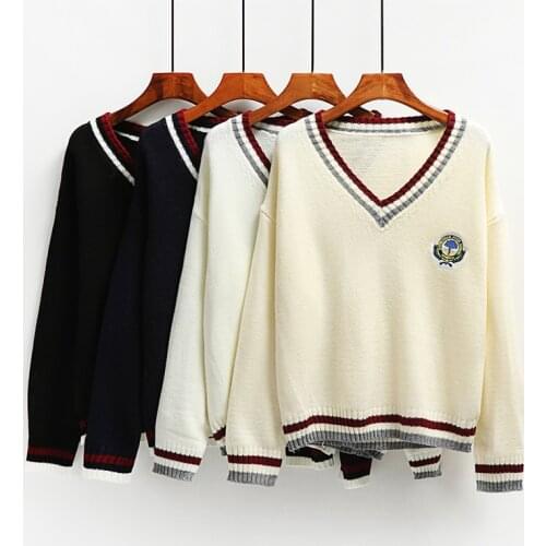 Women Sweater Pullover 2020 Autumn New Fashion Knit Embroidery V Neck Cute Girl Loose Casual British Style Sweater Top Outerwear