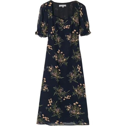 2021 Summer women elegance Square Collar temperament long Dresses vintage floral Vestidos Party Receive waist Slim Midi Dress