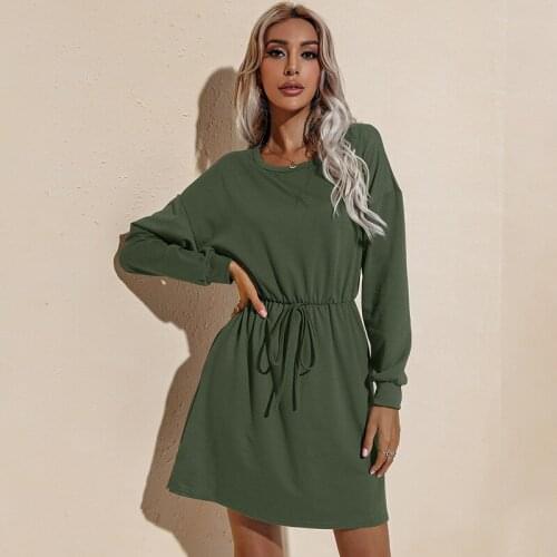 Autumn Dress Women Robe Femme Solid Color A-Line Dresses Drawstring Pockets O-Neck Long Sleeve Dress For Woman Vestido De Mujer
