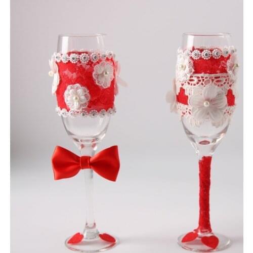 1 pair/lot red lace crystal Wedding Bridal Shower Gift wedding Champagne Toasting Glasses Set Bowknot wedding wine cup