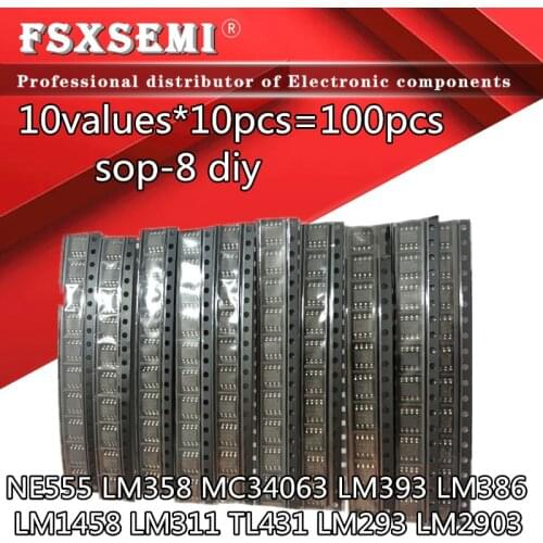 10Values*10pcs=100pcs NE555 LM358 MC34063 LM393 LM386 LM1458 LM311 TL431 LM293 LM2903 SOP8 Amplifier Circuit IC