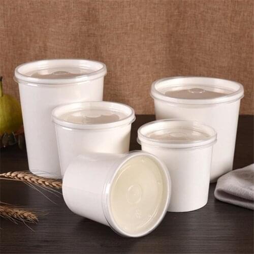 20pcs/lot White Kraft Paper Cups With Plastic Lid Disposable kitchen Soup Bowl Porridge Bowl Takeaway Package Box Party Supplies