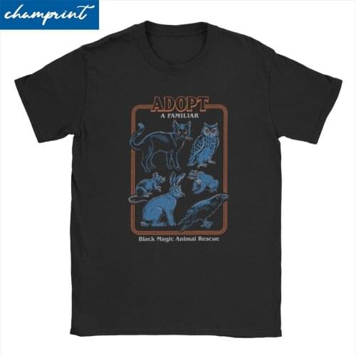 Adopt A Familiar T Shirts Men Womens Vintage T-Shirts 70s Witchcraft Cat Horror Black Magic Animals Tee Shirt Gift Idea Clothes