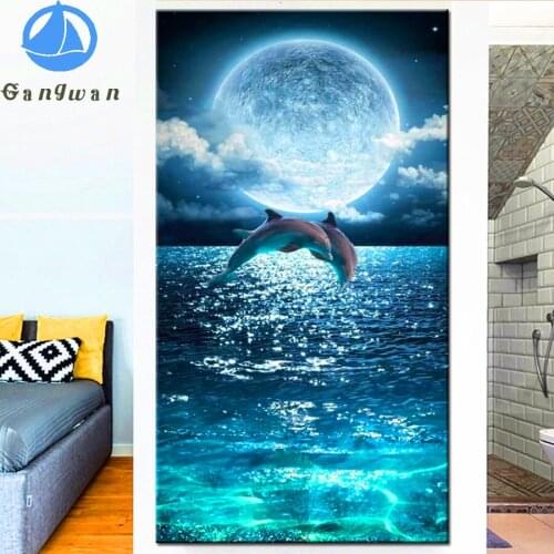 Large size 5d diy diamond painting bright moon diamond embroidery jumping dolphin full square round rhinestone mosaic home decor