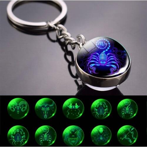12 Constellation Keychain Fashion Double Side Cabochon Glass Ball Keychain Zodiac Signs Jewelry For Men For Women Birthday Gift