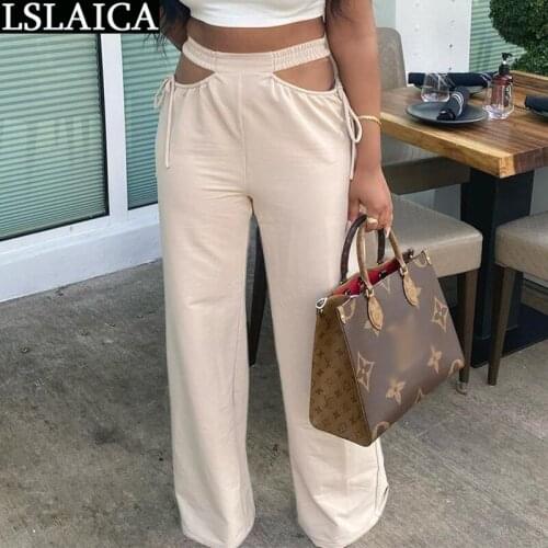 Trouser Suits High Waist Drawstring Slim Elegant Pants Summer Spring Plus Size Casual Fashion Hollow Out Wide Leg Pants Women