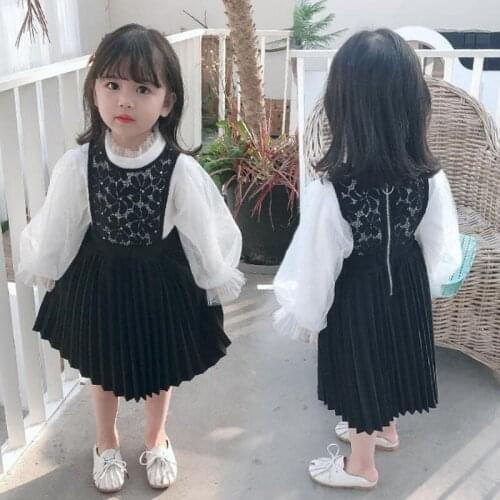 DFXD Little Girls Sets Spring Korean Style Lovely Baby Kids White Puff Sleeve Gauze Tops Lace Pleated Dress 2pc Princess Outfits