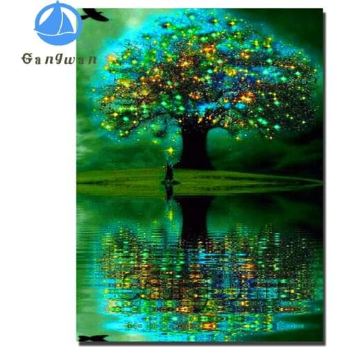 Gangwan Diamond Painting Shiny abstract tree reflection landscape Full Square Drill Diamond Embroidery round Diamond Mosaic Art